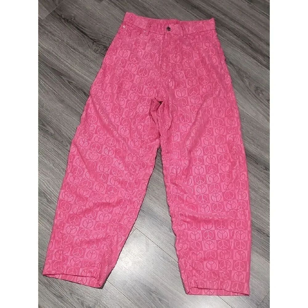 EUC BDG Barbie Pink Checkered Peace Sign Barrel Corduroy Pants